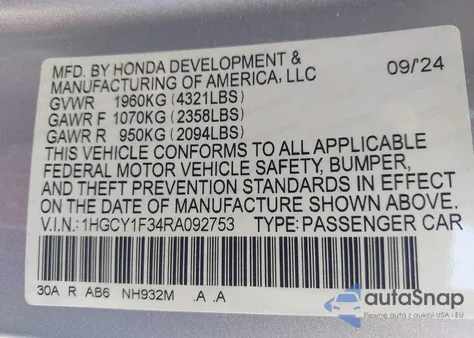 2024 Honda Accord Ex из США, поврежденный, VIN 1HGCY1F34RA092753